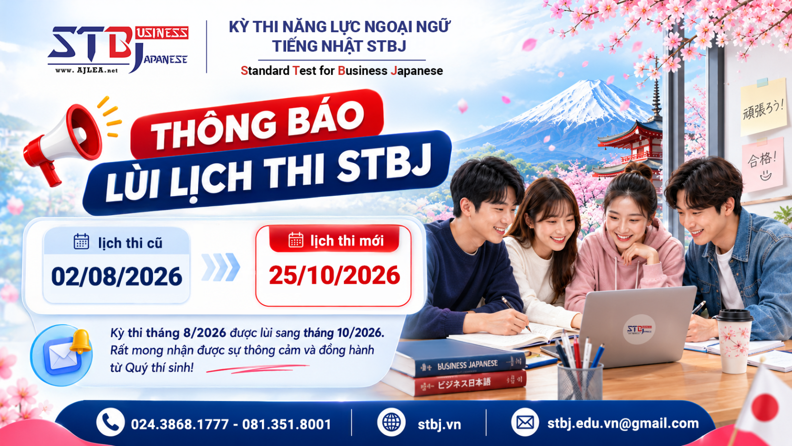 [THÔNG BÁO QUAN TRỌNG] ĐIỀU CHỈNH LỊCH THI NĂNG LỰC NGOẠI NGỮ TIẾNG NHẬT STBJ 
